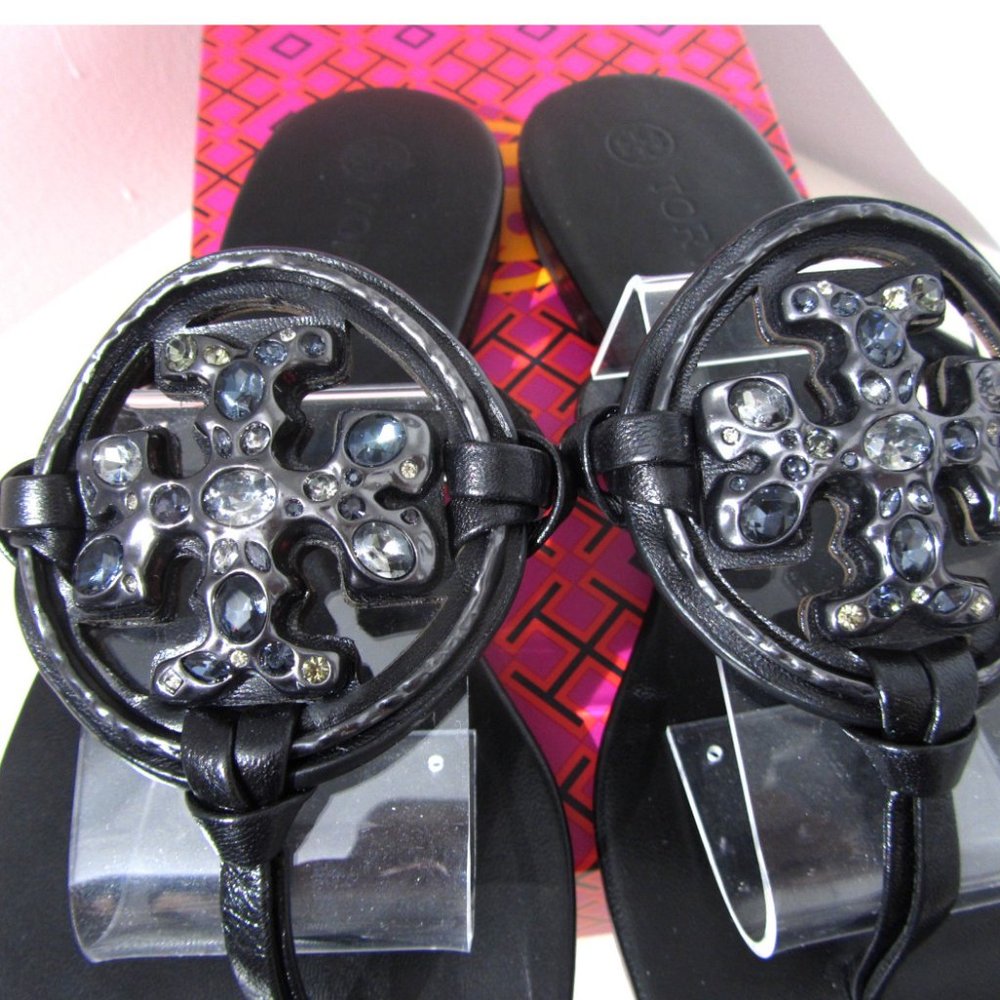 Tory Burch Miller Jeweled Embellished Crystal Leather Thong Sandals Black